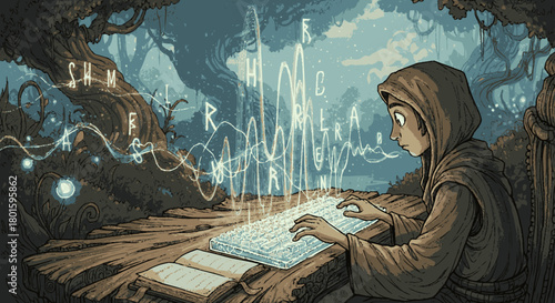 A hooded figure from a fantasy world using a glowing holographic keyboard.