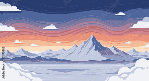 A majestic snow-capped mountain range in a flat vector illustration style.