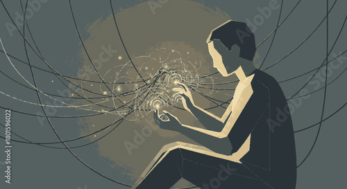 A person holding a glowing sphere of interconnected digital nodes.