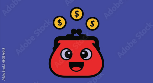 Cute red wallet with dollar coins offering financial freedom icons