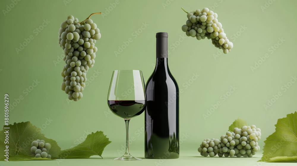 Fototapeta premium Elegant Wine Bottle and Glass with Grapes on Colorful Background