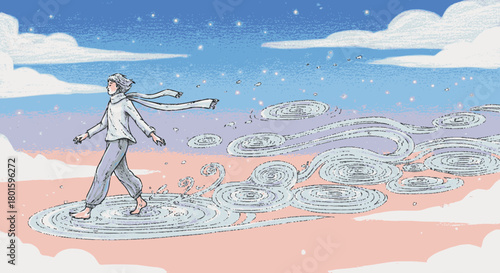 A person in a winter coat and long scarf walking across a dreamy sky of clouds.