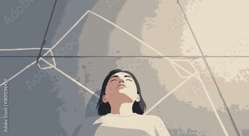 A serene young woman with short hair looking up peacefully.