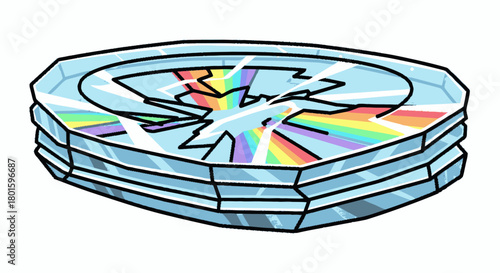 A stack of cracked transparent octagonal discs with a rainbow light effect.
