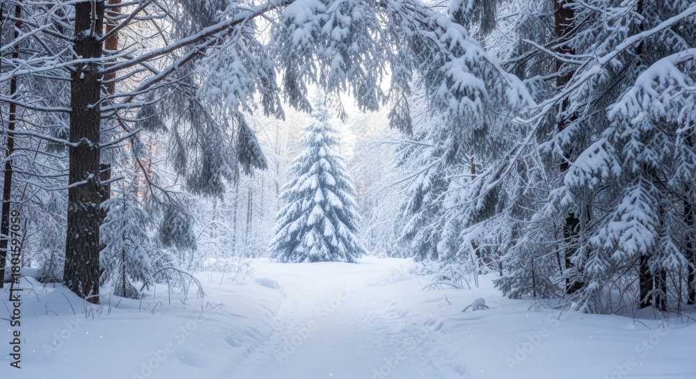 Obraz premium A Magical Snow Covered Forest Path Leading To A Lone Christmas Tree In A Winter Wonderland Scene
