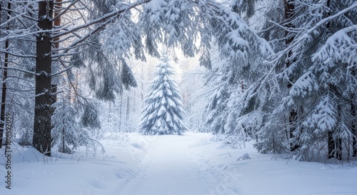 A Magical Snow Covered Forest Path Leading To A Lone Christmas Tree In A Winter Wonderland Scene