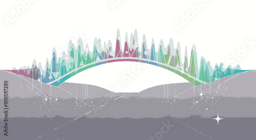 Abstract futuristic city skyline on a vibrant rainbow arch bridge.