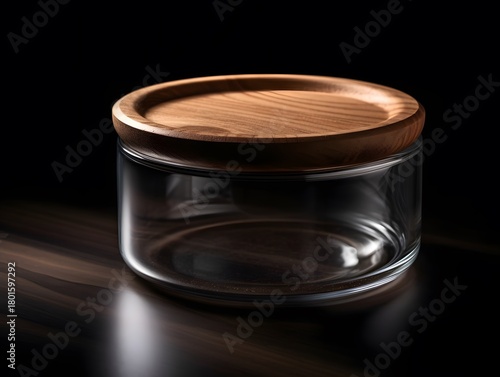 High‑Resolution Close‑Up of Transparent Glass Jar with Natural Wood Lid Showcasing Sustainable Food Packaging glass jar on a black background