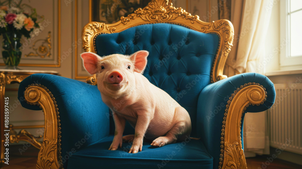 Little pig sitting regally in luxurious blue and gold armchair. Farm animal as a royal pet concept for children story or funny illustration.