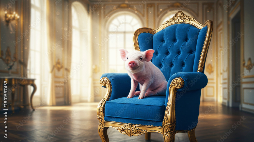 Cute piglet sitting on a luxurious blue armchair in a fancy ornate room. Charming animal picture for a storybook or children's product.