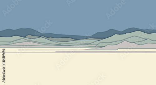 Abstract layered mountain range in a minimalist paper cutout style.