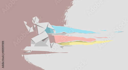 Abstract stylized runner sprinting forward with colorful motion trails.