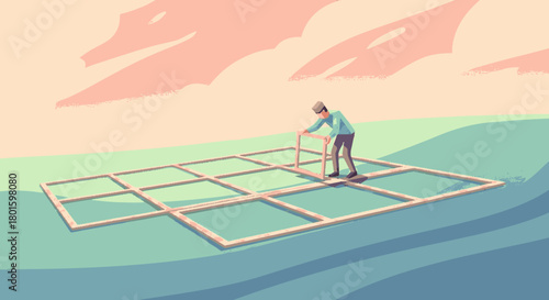 An old man meticulously laying out a wooden grid framework on the ground.