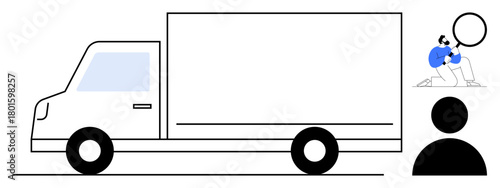 White delivery truck beside person analyzing with magnifying glass and user icon, highlighting logistics and tracking. Ideal for delivery, shipment, transportation, management, tracking systems