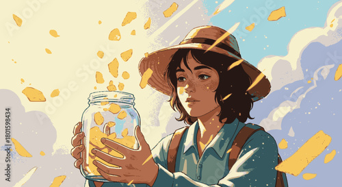 Anime style illustration of a young woman in a hat collecting golden light petals in a glass jar.
