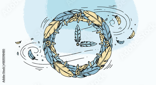 Artistic hand-drawn clock made entirely of colorful feathers.