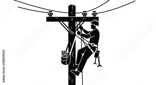 Lineman repairs power lines for the community in a silhouette style