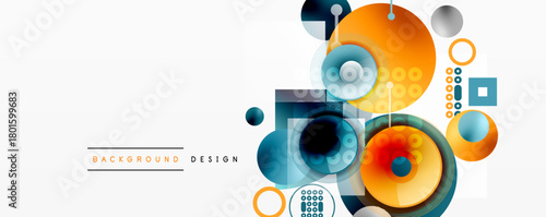 Abstract geometric shapes, circles, squares, vibrant colors. Modern design elements create dynamic composition. Clean background.