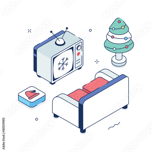 Cozy living room scene watching Christmas movies, isometric illustration