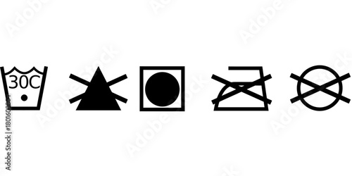 Set of laundry care symbols for washing, bleaching, drying, and ironing instructions