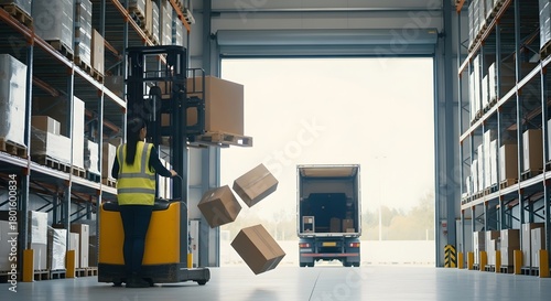 Woman operating a forklift dropping boxes in a large warehouse. Distribution and logistics concept for shipping and delivery service.