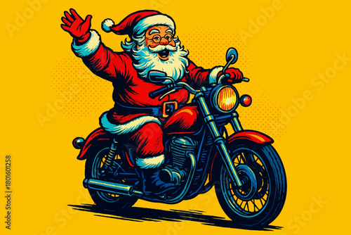 Santa Claus cheerfully riding a motorcycle, waving joyfully in a bold vintage comic book style. Generative ai vector colorful pop art illustration.
