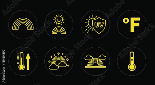 Weather forecast icons representing temperature rainbows and UV index