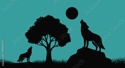 Silhouette of howling wolves under the moonlight wildlife scene nature
