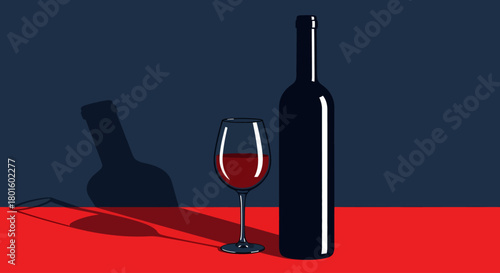 A bold, minimalist vector illustration captures a wine bottle and glass of red wine on a vibrant red surface, casting sharp, dramatic shadows against a deep indigo background