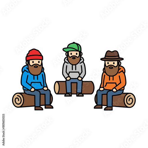 Three bearded men in casual clothing sitting on logs in a circle, conveying a sense of camaraderie and outdoor activity
