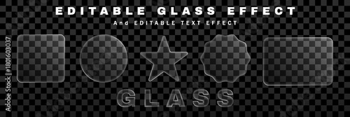 Editable glass effect vector set with transparent shapes including square, circle, star, octagon, and rectangle for design projects
