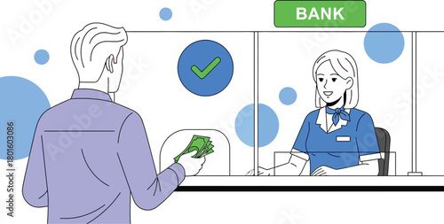 Bank teller service customer transaction money exchange illustration editable vector