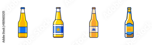 Four cartoon beer bottles with varied labels and golden liquid beverage