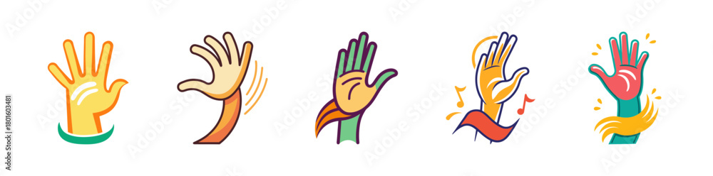 Fototapeta premium Illustrated hands showing different actions, vibrant graphic design.