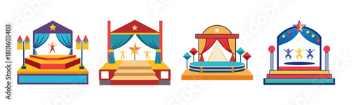 Colorful stages set for performance with curtains and star decorations