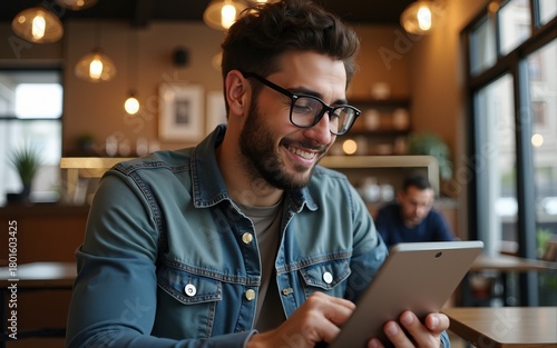 young beautiful hipster man in eyeglasses using tablet in cafe. High quality