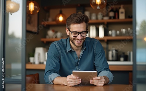 young beautiful hipster man in eyeglasses using tablet in cafe. High quality