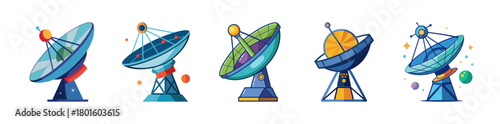 Colorful cartoon satellite dish illustrations for global communication technology