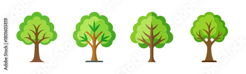 Set of four stylized green trees in a flat design illustration style
