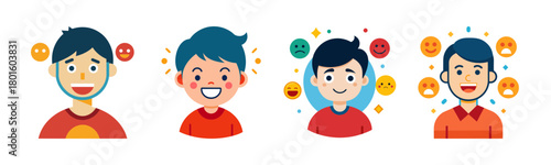 Happy people displaying various emotions and feedback icons around them.
