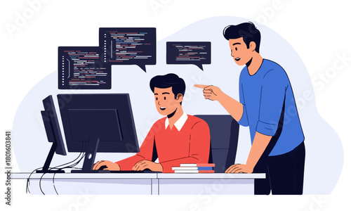 Two Male Programmers Collaborating on Software Development: A Team Discussion Focused on Code and Logic Displayed on Dual Computer Monitors in a Modern Office Setting