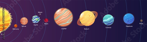 Solar System planets set. Moon, Sun and comet icons isolated on starry sky background. Vector outer space gas giants Jupiter and Saturn, ice Uranus Neptune, Pluto. Rocky Mercury, Venus and Earth, Mars