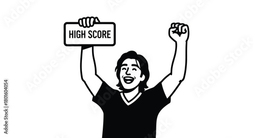 Winning! Man celebrates high score with sign and raised fists success
