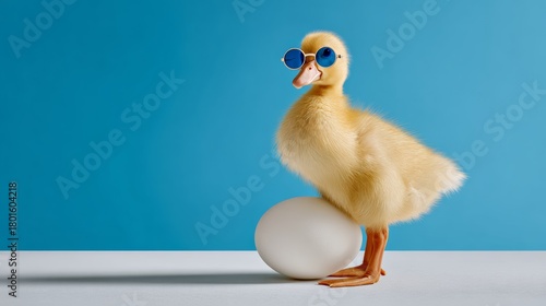 Baby duck wearing sunglasses stands on top of an egg. The image conveys a playful and lighthearted mood, as the duck is dressed up in sunglasses and he is posing for a photo