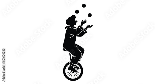 Fun silhouette of a clown juggling while riding a unicycle