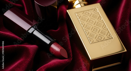 Luxury lipstick in burgundy shade presented with a gold rectangular box on a red velvet background, conveying elegance and beauty.