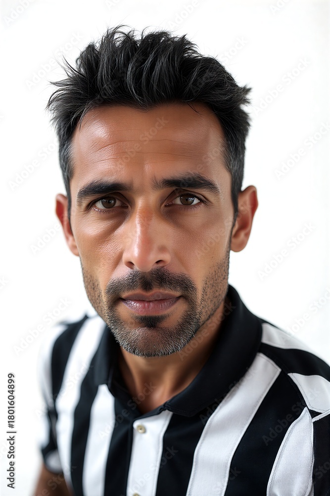 Naklejka premium Man in black-white striped shirt, intense gaze, styled hair and beard, studio lighting against plain white background.