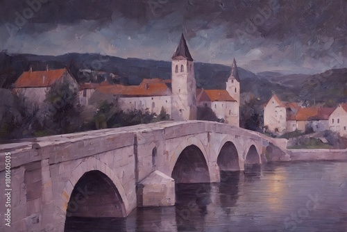 A serene, impressionistic painting of a stone arch bridge spanning calm waters, with rustic buildings and a spire in the background under soft, muted twilight hues. The scene evokes quiet charm and ti