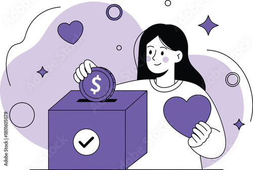 Illustration of donation box with woman donating money and heart editable vector