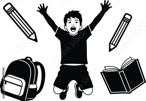 Back to school student excited with book pencil and backpack clip art editable vector